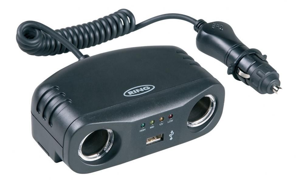 Toma de mechero doble Ring de 12 V y 8 A con USB de 1 A y comprobador de batería