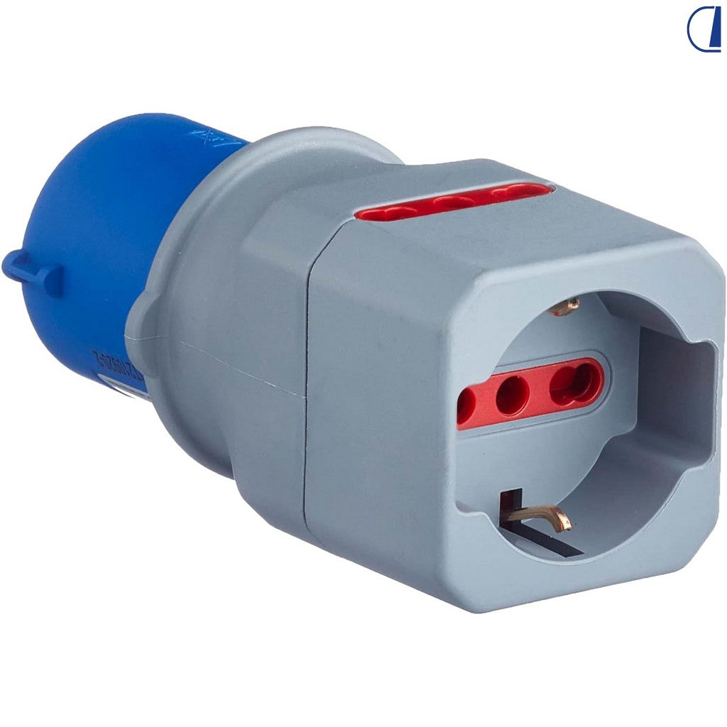 Di-Tec Adattatore CEE industriale a 1 Schuko + 2 bivalenti 16A