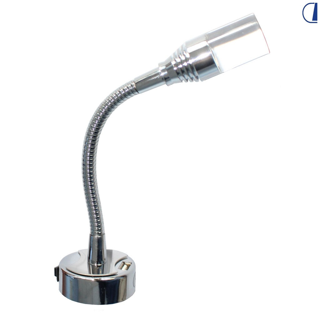 Faretto flessibile da camper con testa acrilica e presa USB