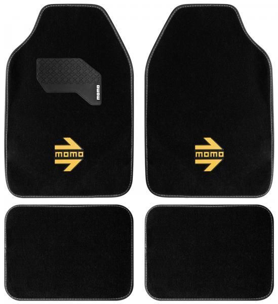 Momo Set mit 4 schwarzen Arrow-Fußmatten mit gelbem Logo