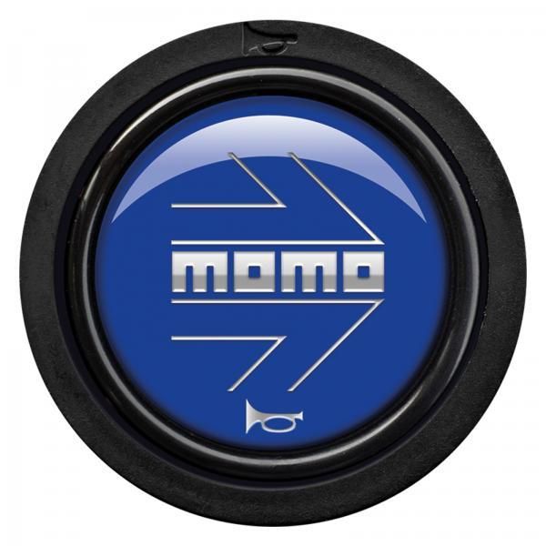 Botón de bocina del volante Momo azul brillante cromado