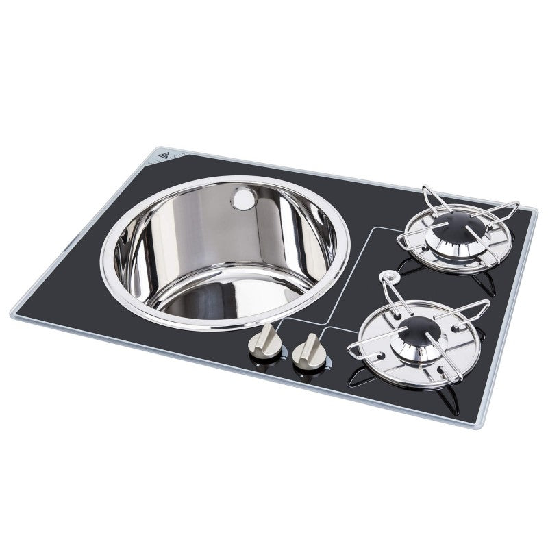 Placa de cocina náutica Navy Load de cristal con dos quemadores y fregadero NL.20010