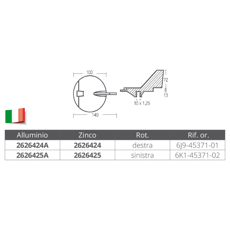 Enrico Polipodio Aleta Derecha 150-200 Hp Zn 01133DX Ánodos Yamaha - Mariner