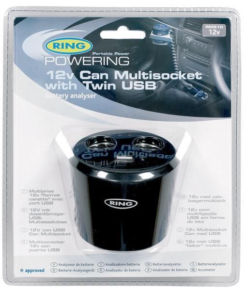 Toma de mechero doble Ring de 12 V y 10 A con comprobador de batería y dos puertos USB de 1 A