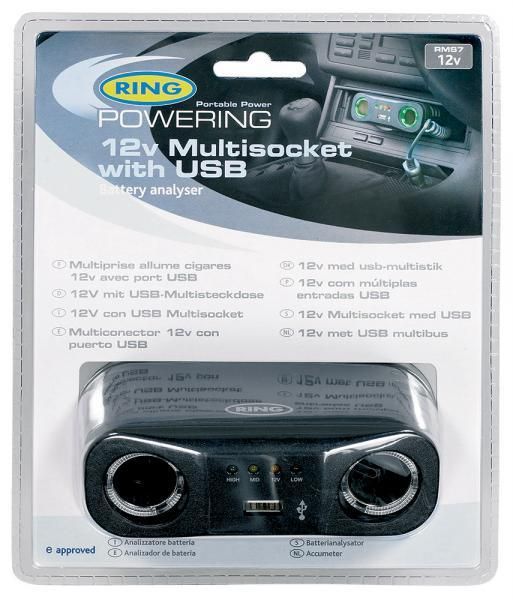 Toma de mechero doble Ring de 12 V y 8 A con USB de 1 A y comprobador de batería