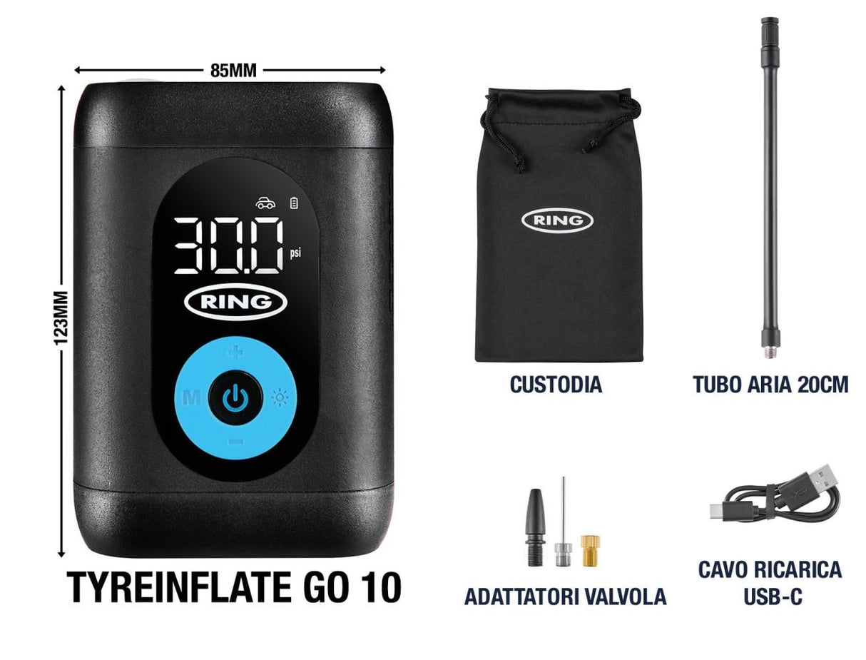 Ring Gonfia pneumatici portatile ricaricabile Go 10