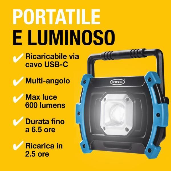 Ring Faro da lavoro 600 lumen ricaricabile