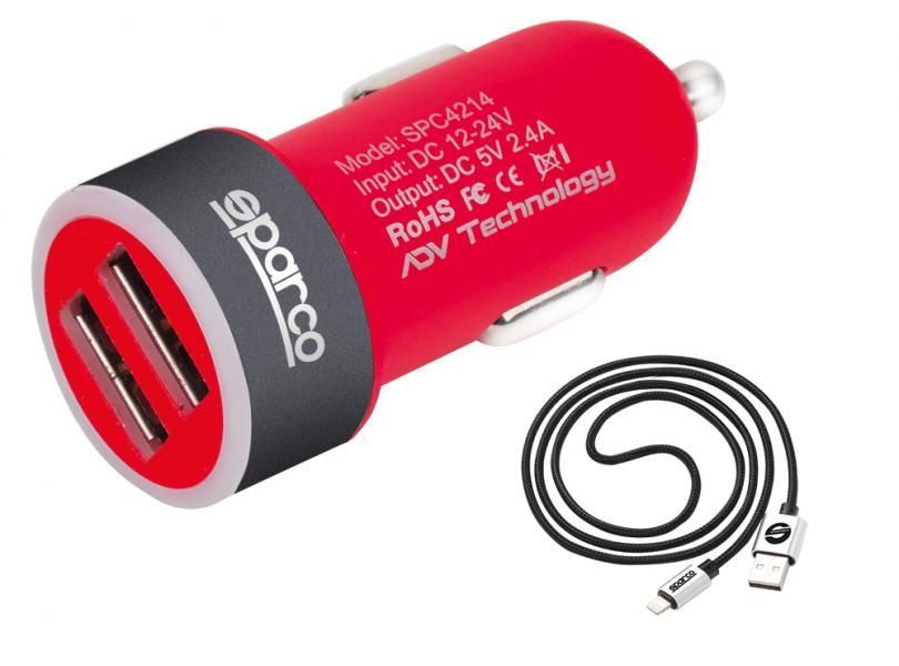 Cargador Sparco con doble salida USB 5V 2,4A y cable Lightning de 1 m
