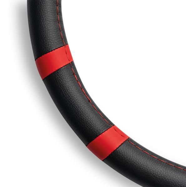 Momo Fast Autolenkradbezug, schwarzes PVC/rote Nähte, 38-39 cm