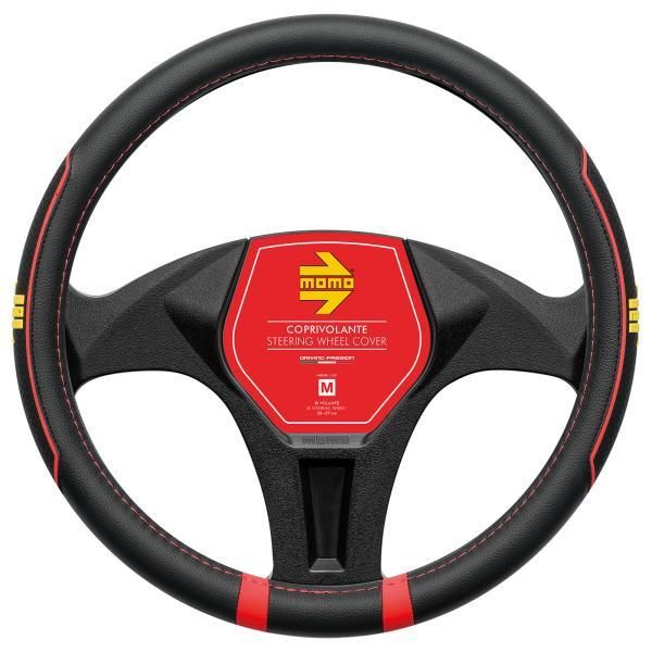 Momo Fast Autolenkradbezug, schwarzes PVC/rote Nähte, 38-39 cm