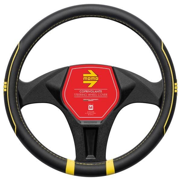 Funda para volante Momo Fast Car, PVC negro/costuras amarillas, 38-39 cm