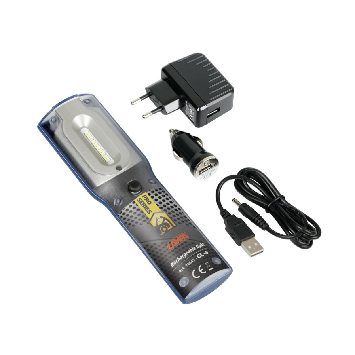 Lampa GL-4, wiederaufladbare LED-Arbeitsleuchte mit Taschenlampe – 12/24/230 V