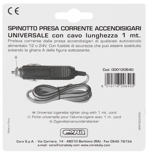 Enchufe para encendedor de cigarrillos Cora de 12/24 V con cable de 1 m