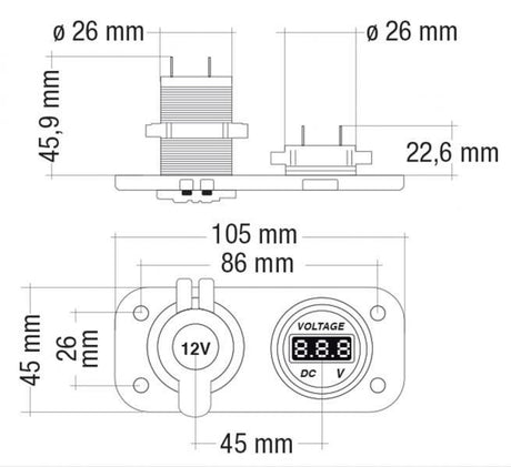 Cora Presa di corrente 15A/12V-10A/24V con voltmetro 5V-30V DC
