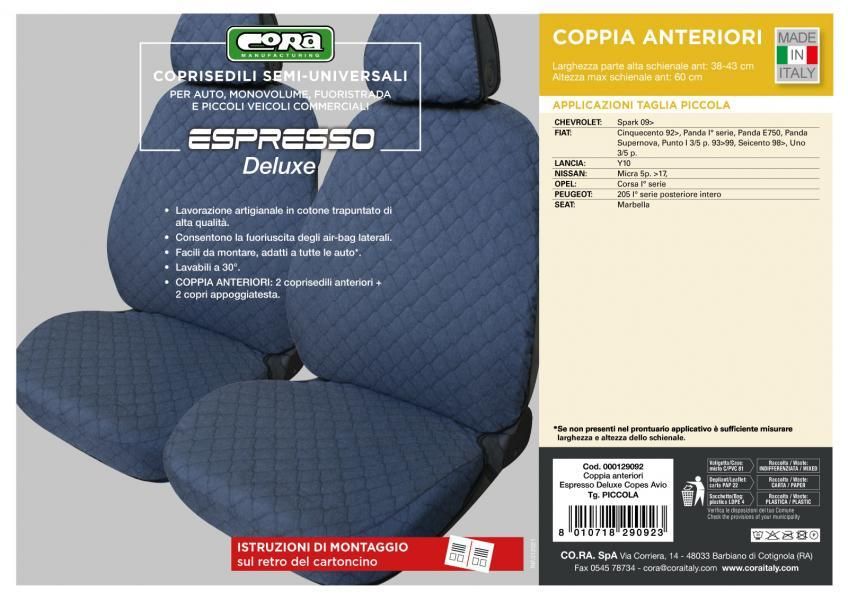 Cora Espresso Deluxe front seat covers, small size, quilted cotton fabric, air force blue