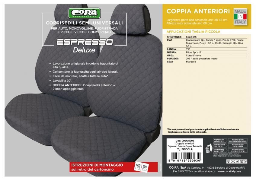 Cora Espresso Deluxe Vordersitzbezüge, kleine Größe, anthrazitfarbener gesteppter Baumwollstoff