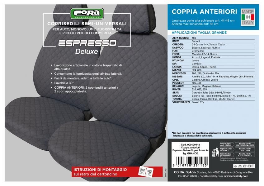 Cora Espresso Deluxe Front Seat Covers, Large Size, Anthracite Quilted Cotton Fabric