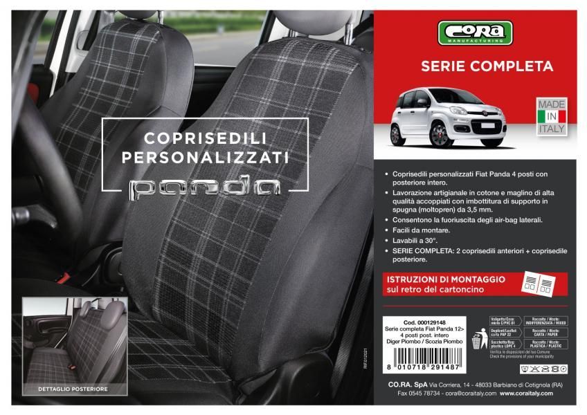 Cora Complete set of custom seat covers for Fiat Panda 12> 4 rear seats, full-length, grey/lead tartan cotton blend fabric
