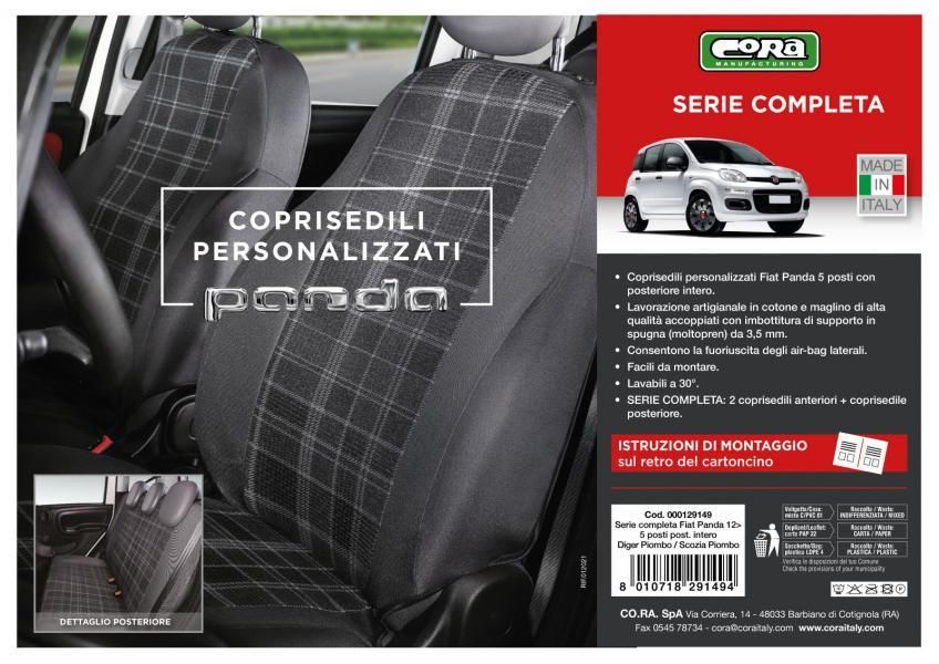 Cora Complete set of custom seat covers for Fiat Panda 12> 5 rear seats, full-length, grey/lead tartan cotton blend fabric