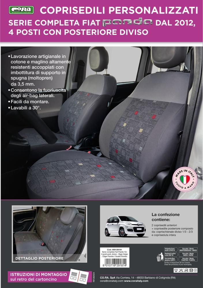 Cora Complete set of custom seat covers Fiat Panda 12> 4 rear seats grey
