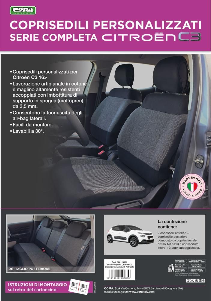 Cora Juego completo de fundas de asientos CITROEN C3 16> en tejido mil puntos antracita