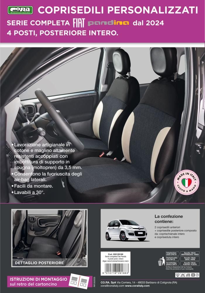 Cora Manufacturing Juego completo de fundas de asiento personalizadas para Fiat Pandina 24> 4 asientos traseros, largo completo, tela de mezcla de algodón negro/crema