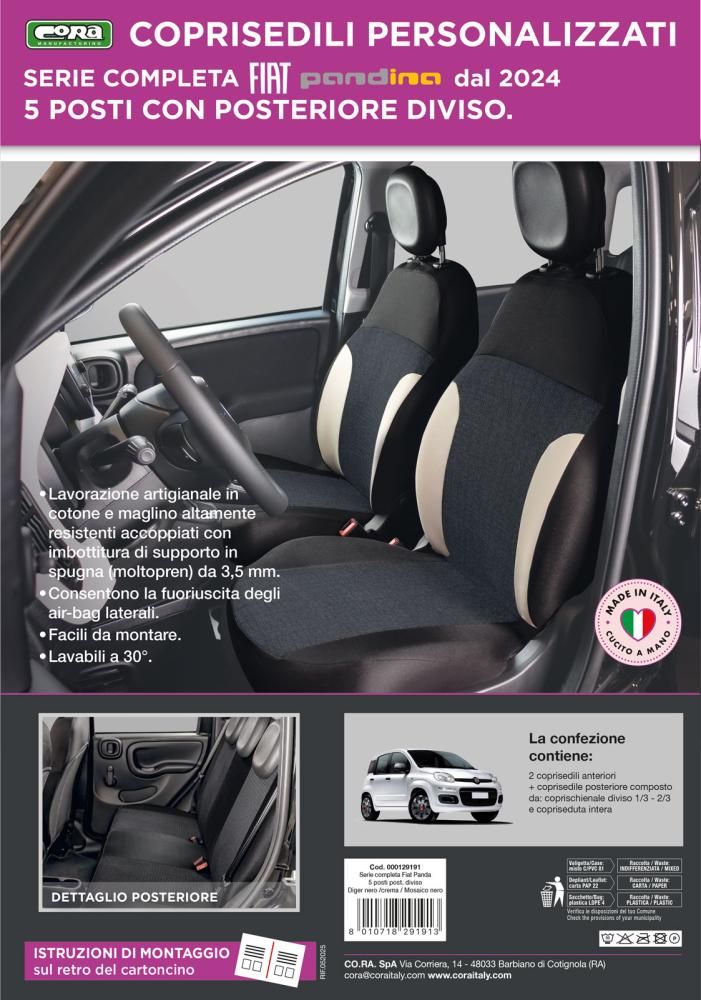 Cora Manufacturing Serie completa coprisedili personalizzati Fiat Pandina 24> 5 posti post. diviso tess. misto cotone nero/crema