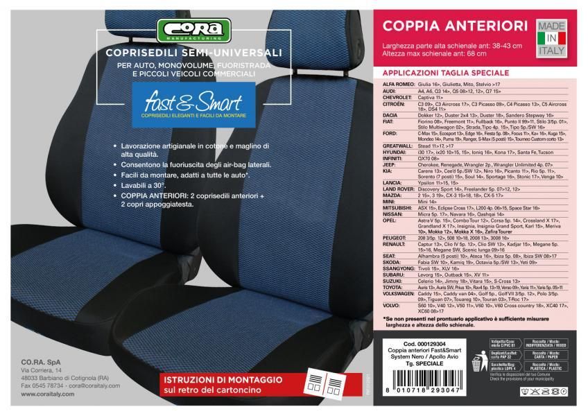 Cora Coprisedili anteriori Fast&Smart tg. speciale tessuto misto cotone avio/nero