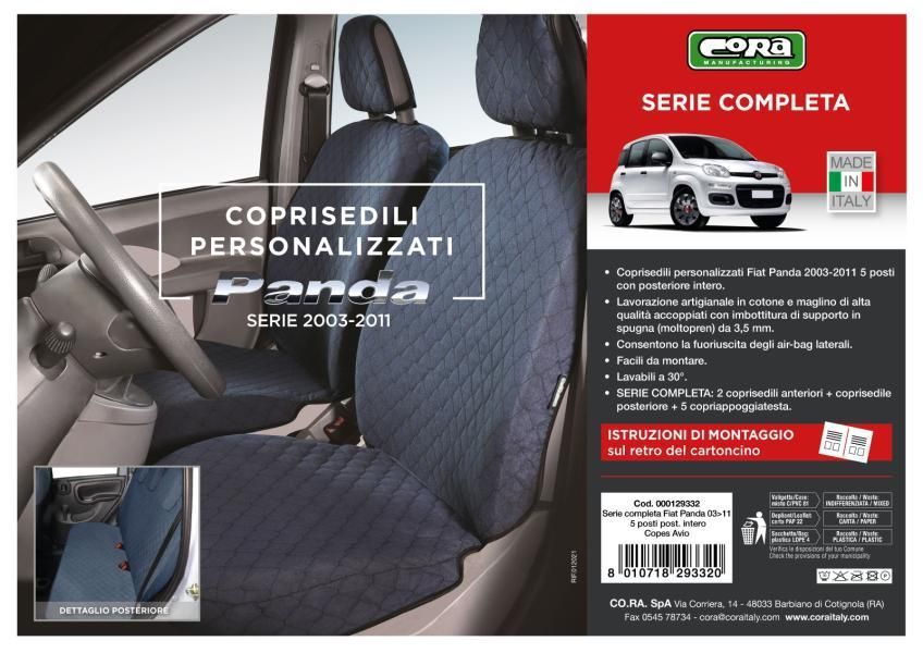 Cora Serie completa coprisedili personalizzati Fiat Panda 03> 5 posti post. intero tessuto cotone trapuntato avio