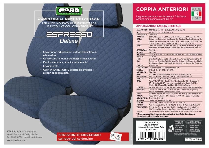 Cora Espresso front seat covers, special size, quilted cotton fabric, aviation blue