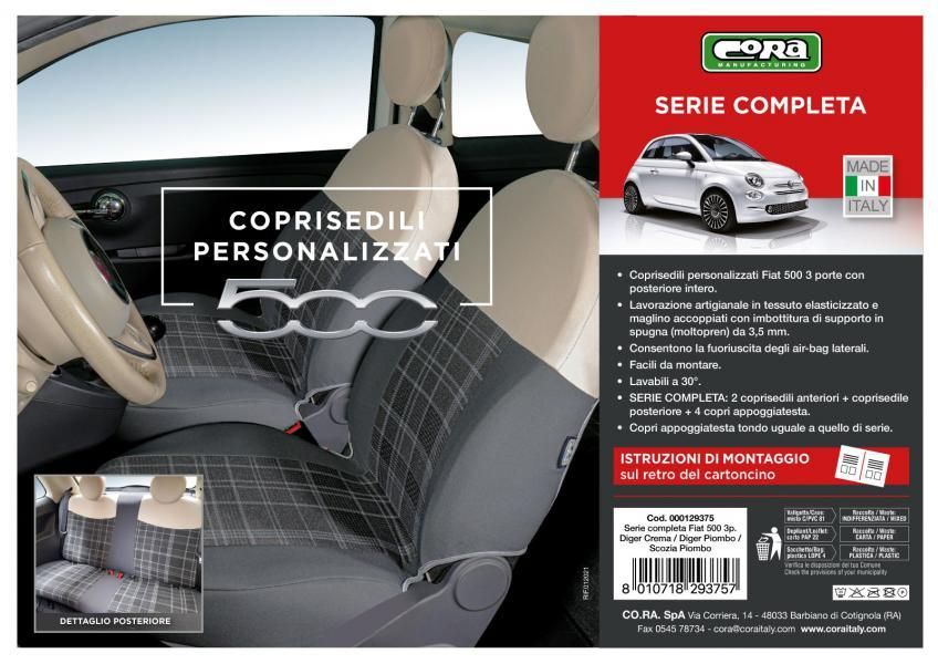 Cora Serie completa coprisedili personalizzati Fiat 500 07> tessuto misto cotone scozzese grigio/panna