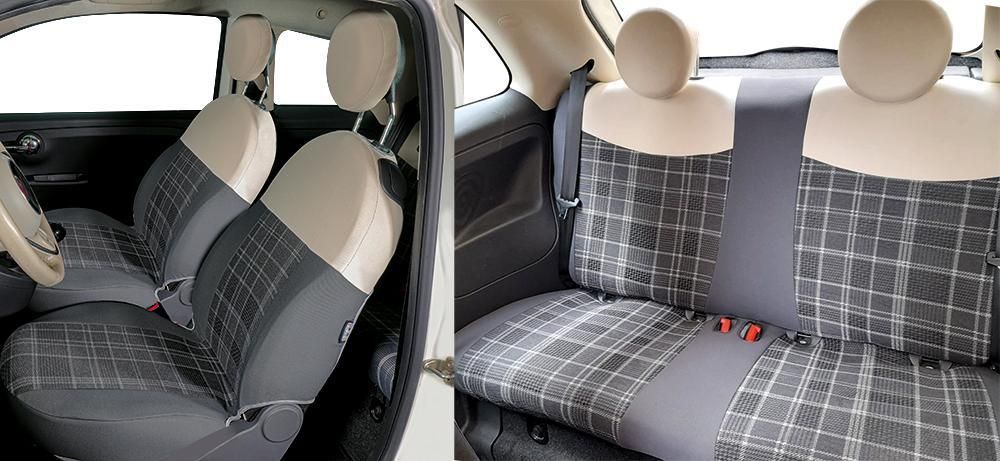 Cora Juego completo de fundas de asiento personalizadas para Fiat 500 07> en tejido de mezcla de algodón tartán gris/crema