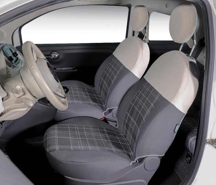 Fundas de asientos delanteros personalizadas para Fiat 500 07> en tejido de mezcla de algodón tartán gris/crema