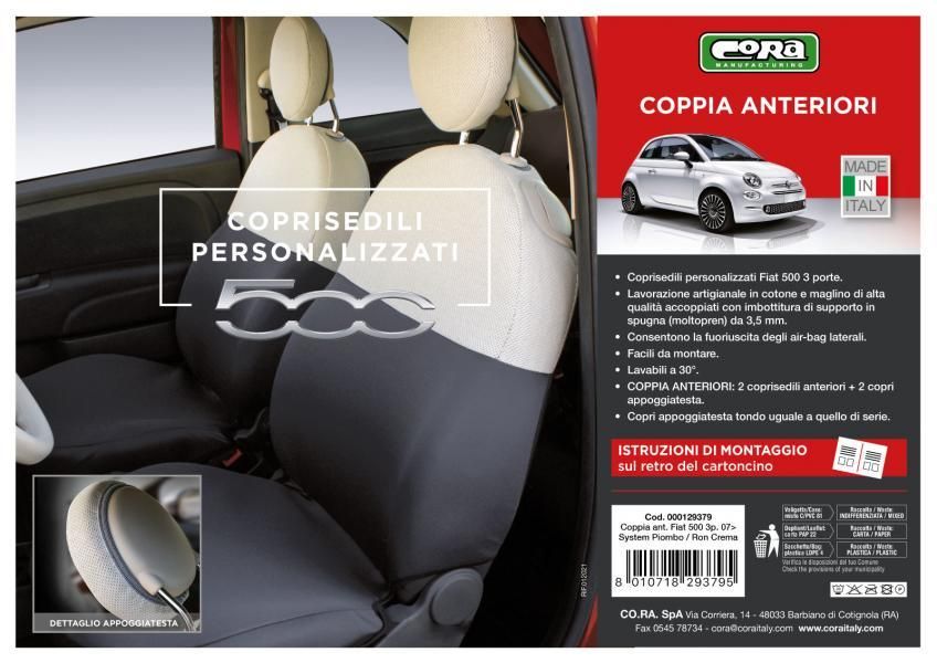 Cora Coprisedili anteriori personalizzati Fiat 500 07> tessuto misto cotone grigio/panna