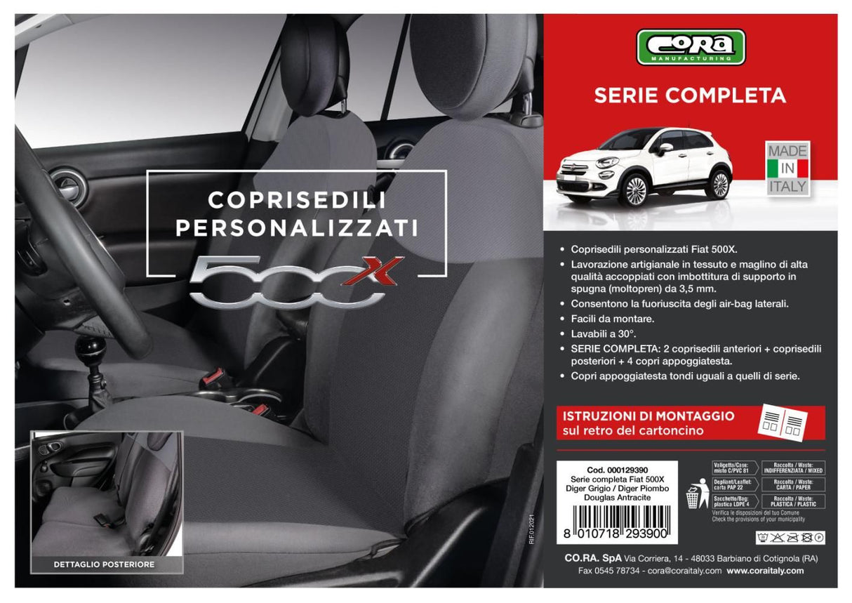 Cora Serie completa coprisedili personalizzati Fiat 500X tessuto antracite/grigio piombo