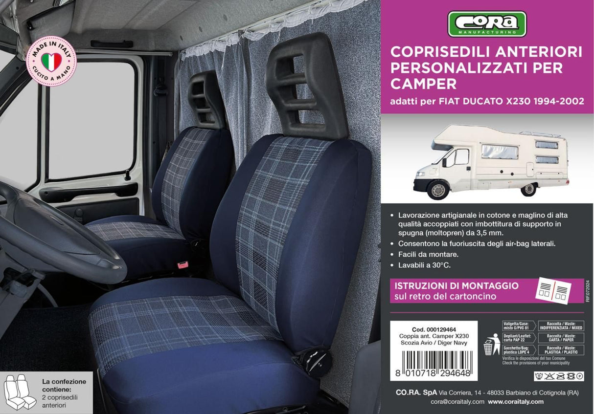 Fundas de asientos delanteros para furgoneta/camper Ducato X230 (1994-2002) Escocia Avio Cora