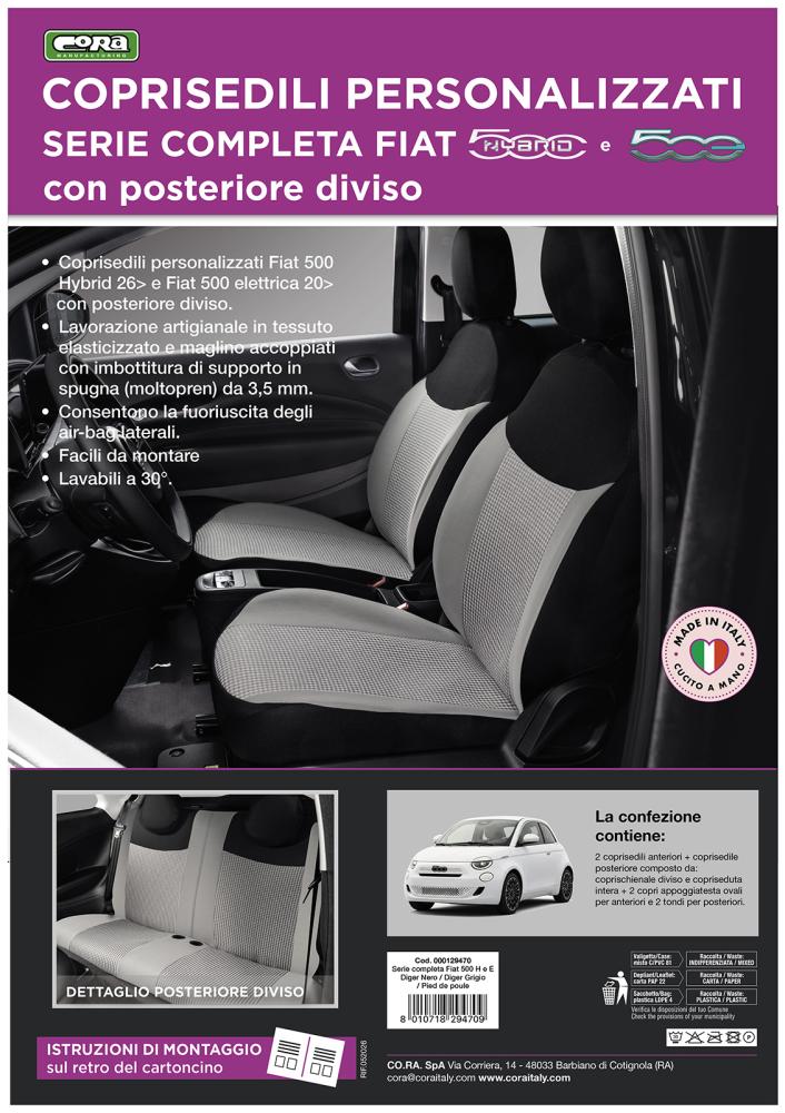 Cora Serie completa coprisedili personalizzati Fiat 500 Hybrid 26> e 500 Elettrica 20> post. diviso tess. misto cotone nero/grigio/pied de poule