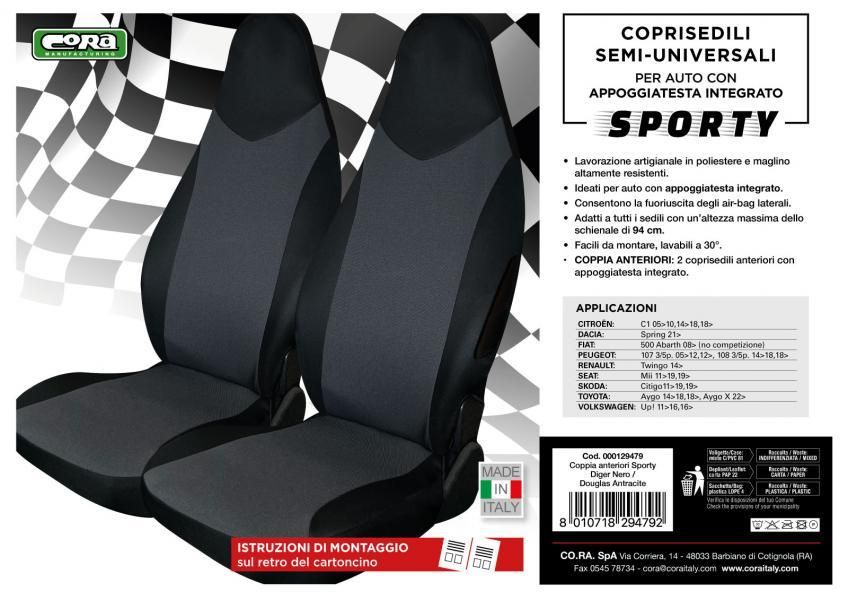 Cora Sporty Vordersitzbezüge, Einheitsgröße, schwarz/anthrazitfarbener Stoff