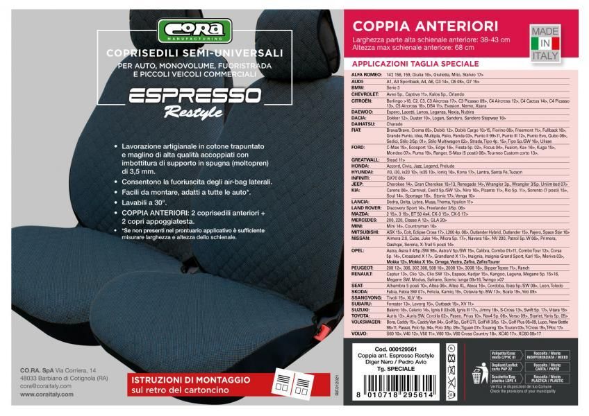 Cora Coprisedili anteriori Espresso Restyle tg. speciale tessuto misto cotone trapuntato avio/nero