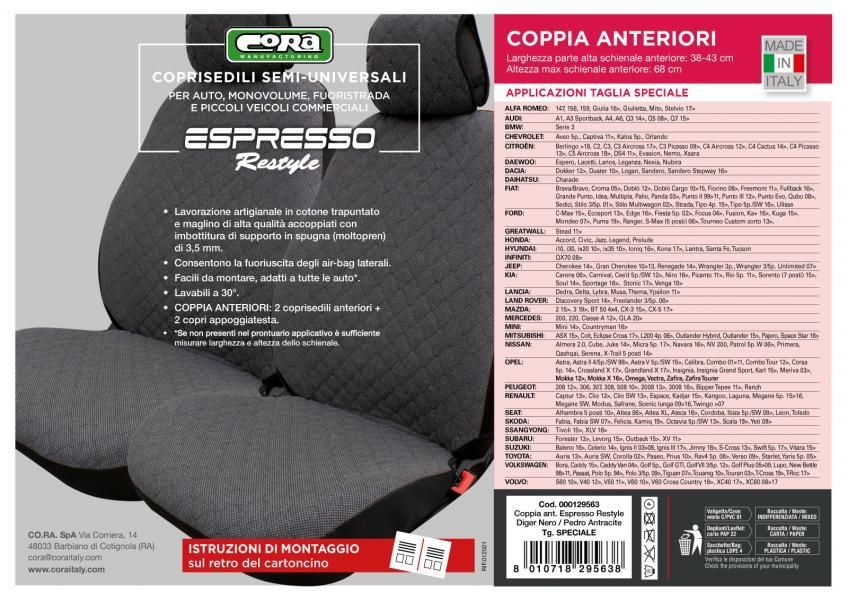 Cora Coprisedili anteriori Espresso Restyle tg. speciale tessuto misto cotone trapuntato antracite/nero