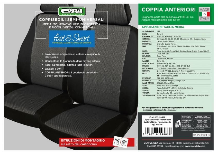 Cora Coprisedili anteriori Fast&Smart tg. media tessuto misto cotone antracite/nero