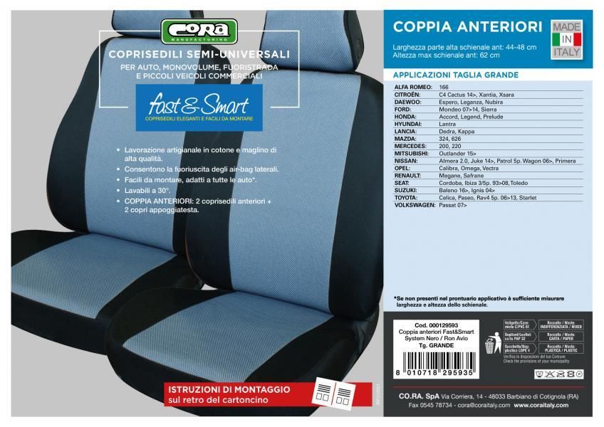 Cora Fast&amp;Smart Vordersitzbezüge, große Größe, Baumwollmischgewebe in Hellblau/Schwarz
