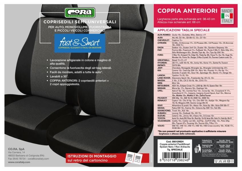 Cora Coprisedili anteriori Fast&Smart tg. speciale tessuto misto cotone antracite/nero