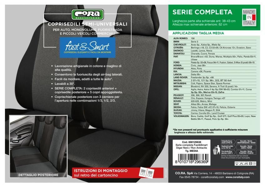 Cora Serie completa coprisedili Fast&Smart tg. media tessuto misto cotone antracite/nero