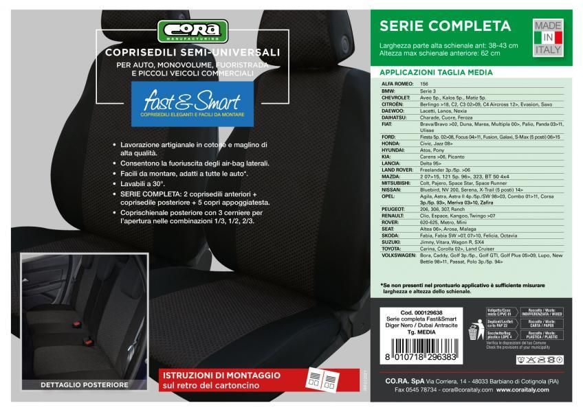 Cora Serie completa coprisedili Fast&Smart tg. media tessuto misto cotone antracite/nero