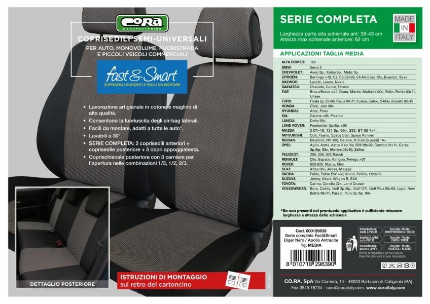 Cora Serie completa coprisedili Fast&Smart tg. media tess. misto cotone nero/ant