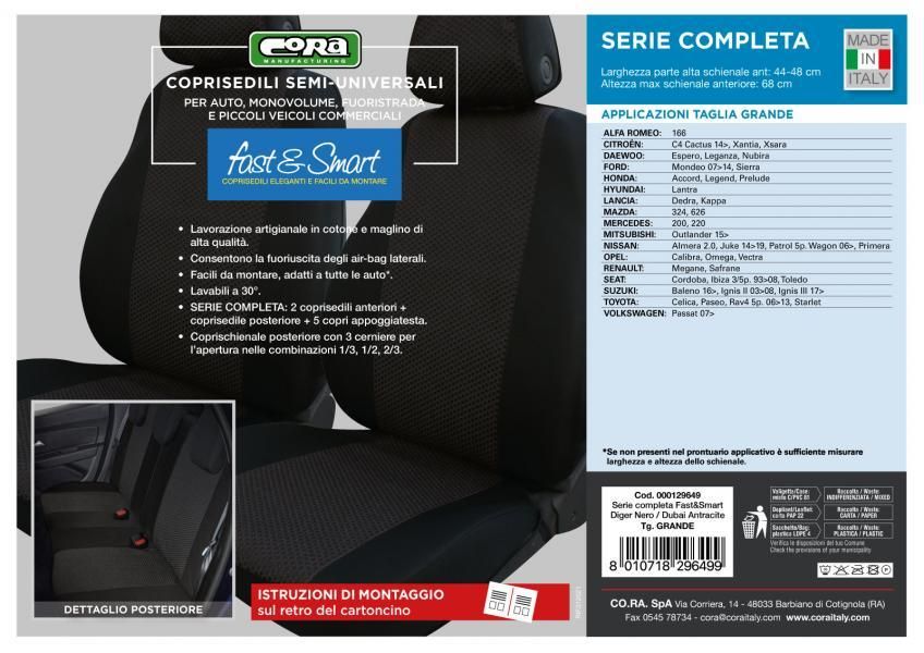 Cora Serie completa coprisedili Fast&Smart tg. grande tessuto misto cotone antracite/nero