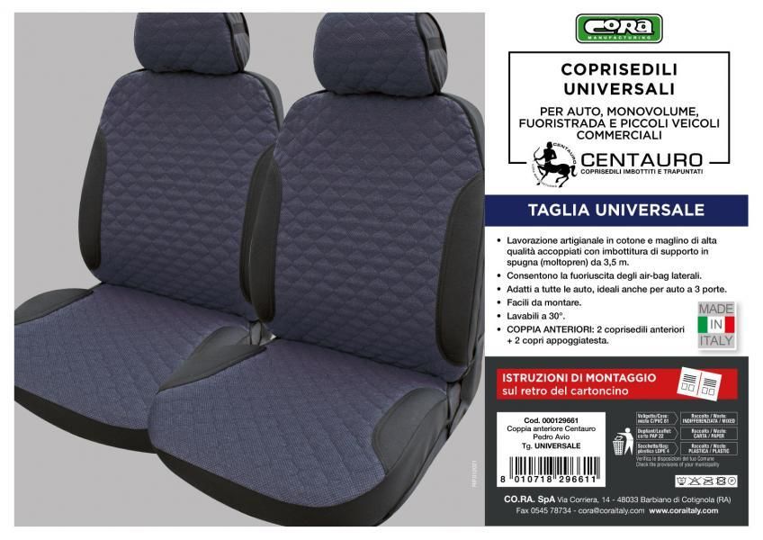 Cora Centauro front seat covers, universal size, quilted cotton blend fabric, air force blue/black