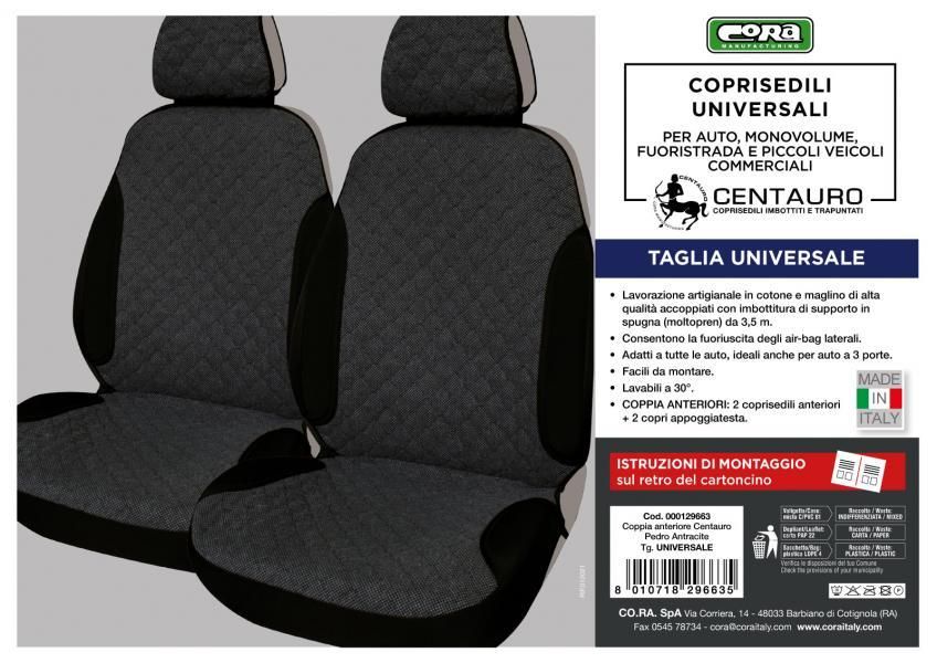 Cora Coprisedili anteriori Centauro tg. universale tessuto misto cotone trapuntato antracite/nero