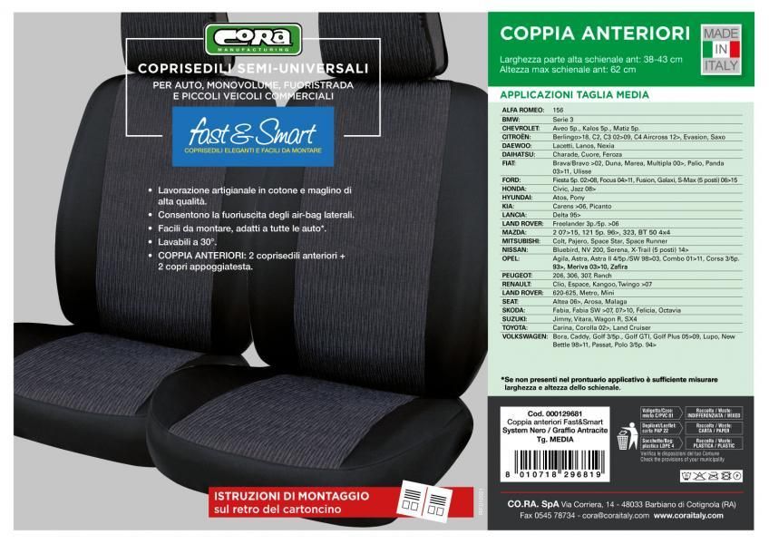 Cora Coprisedili anteriori Fast&Smart tg. media tessuto misto cotone antracite/nero